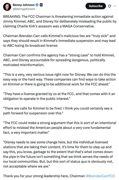 Benny Johnson post on X describing interview with FCC Chair Brendan Carr
